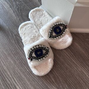 Crystal Evil Eye Faux Fur Slippers SZ 36-37